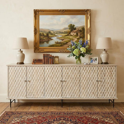 90" White Distressed Solid Wood Carved Geometric Sideboard With Six Doors HomeRoots