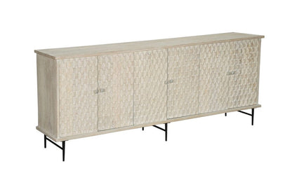 90" White Distressed Solid Wood Carved Geometric Sideboard With Six Doors HomeRoots