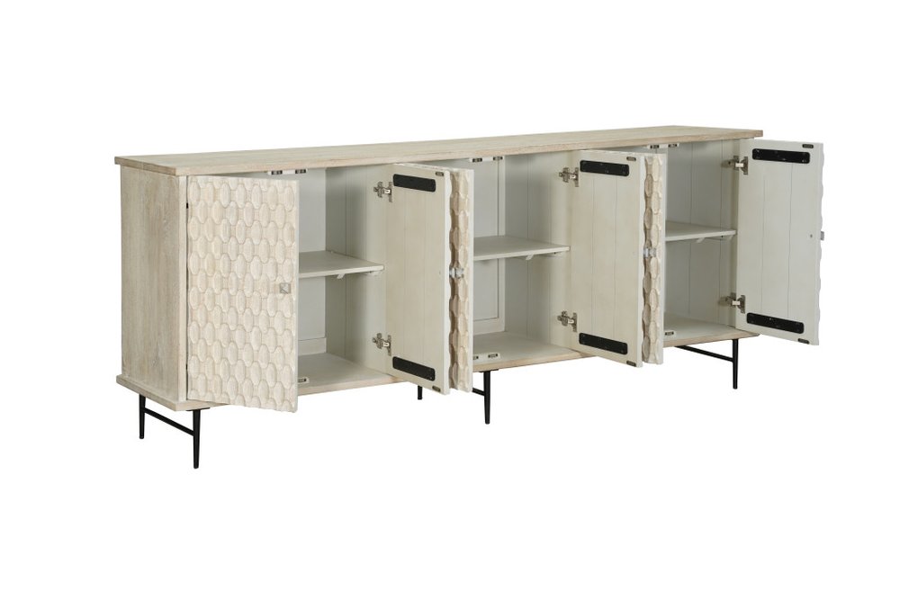 90" White Distressed Solid Wood Carved Geometric Sideboard With Six Doors — view 2
