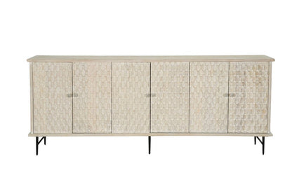 90" White Distressed Solid Wood Carved Geometric Sideboard With Six Doors