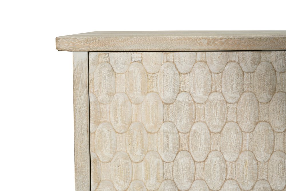 90" White Distressed Solid Wood Carved Geometric Sideboard With Six Doors