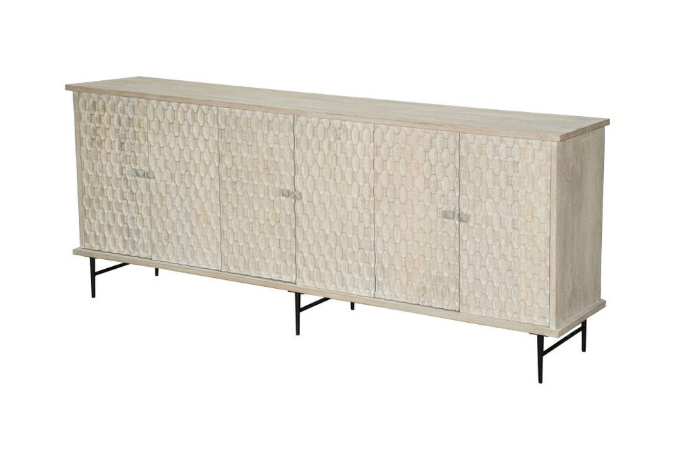90" White Distressed Solid Wood Carved Geometric Sideboard With Six Doors — view 7