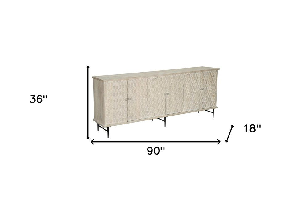 90" White Distressed Solid Wood Carved Geometric Sideboard With Six Doors — view 10