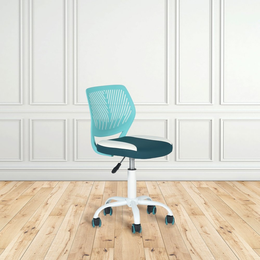 Aqua Teal Blue and White Adjustable Height Swivel Rolling Office Chair HomeRoots