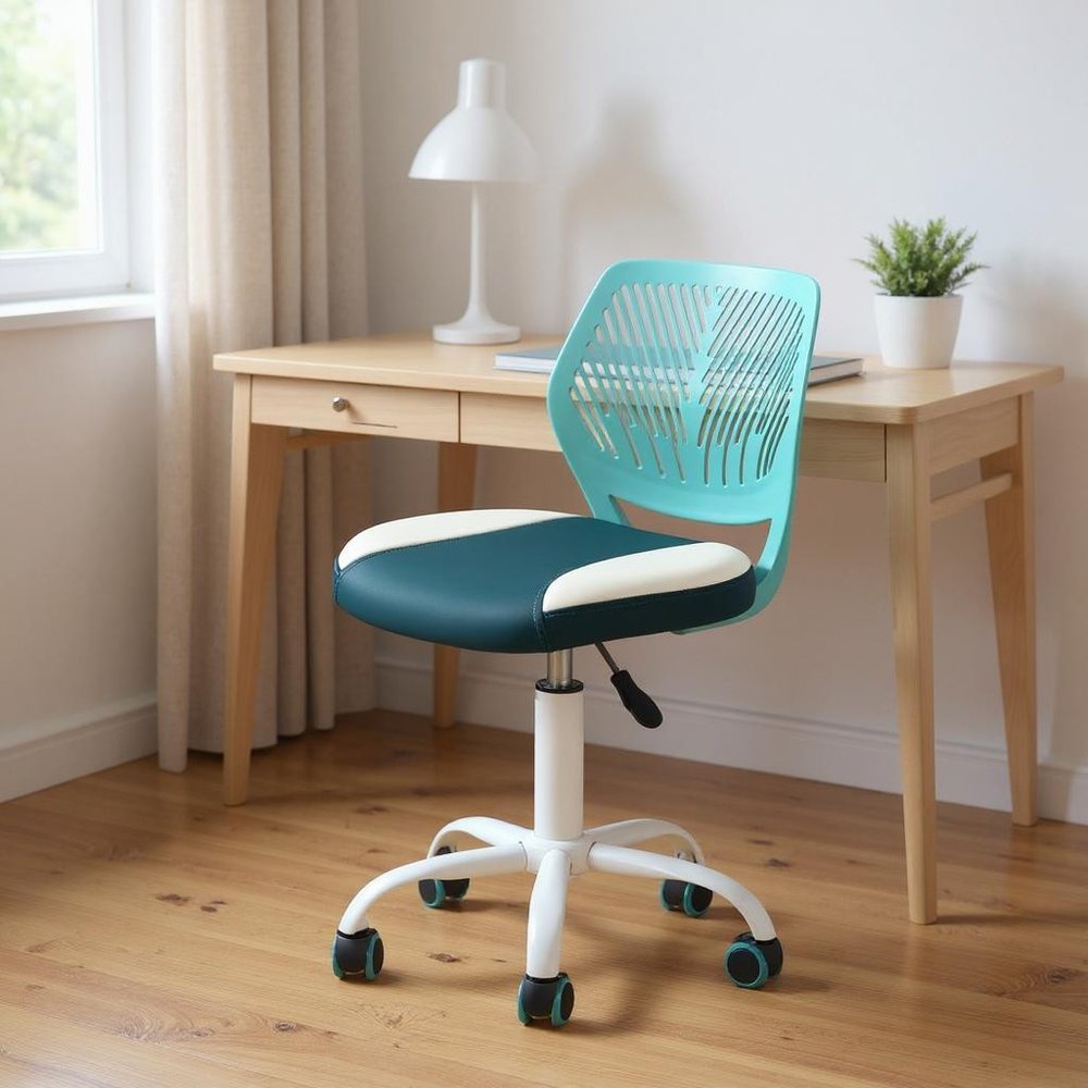 Aqua Teal Blue and White Adjustable Height Swivel Rolling Office Chair HomeRoots