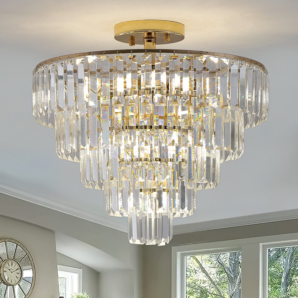 Gold Ten Light Metal Semi-Flush Chandelier With Gold Shades HomeRoots