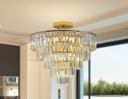 Gold Ten Light Metal Semi-Flush Chandelier With Gold Shades HomeRoots