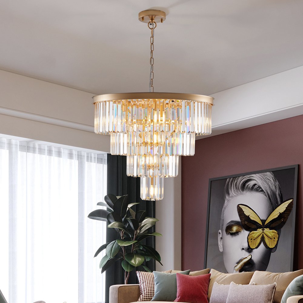 Gold Twelve Light Metal Chandelier With Gold Shades HomeRoots