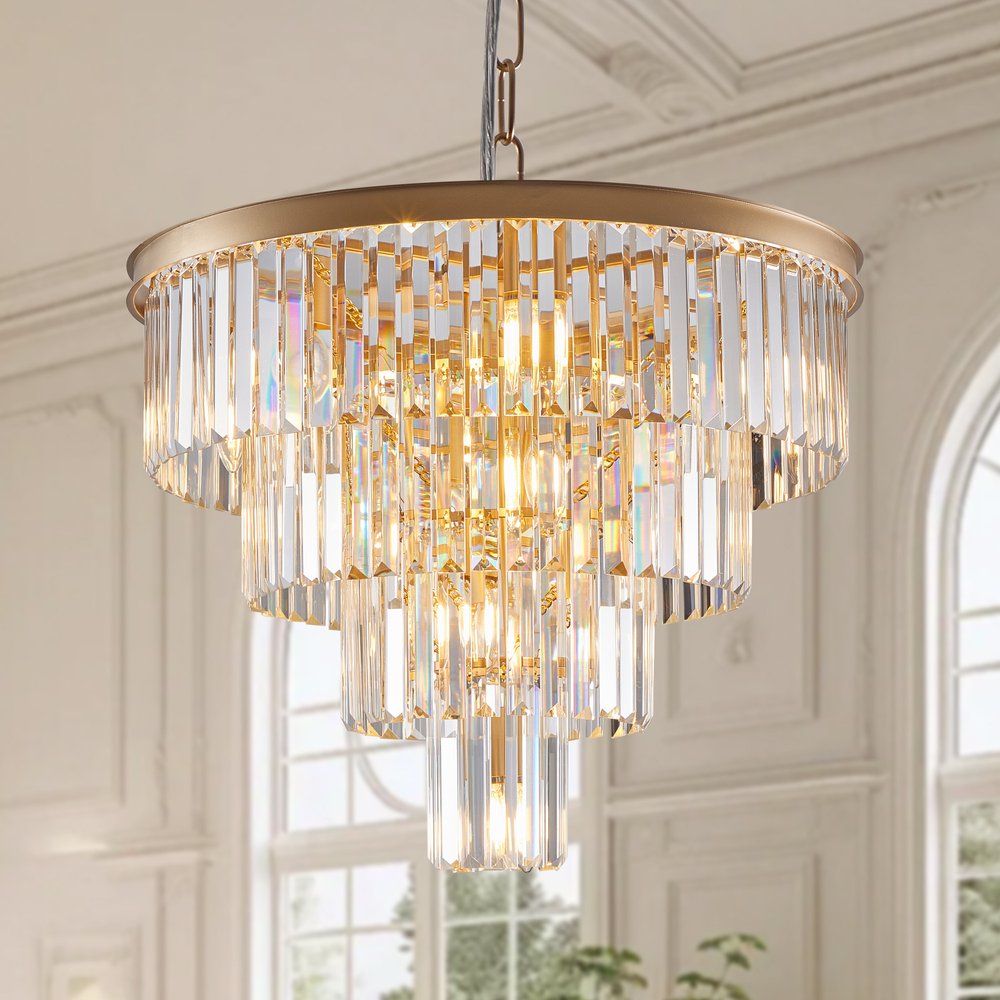 Gold Twelve Light Metal Chandelier With Gold Shades HomeRoots