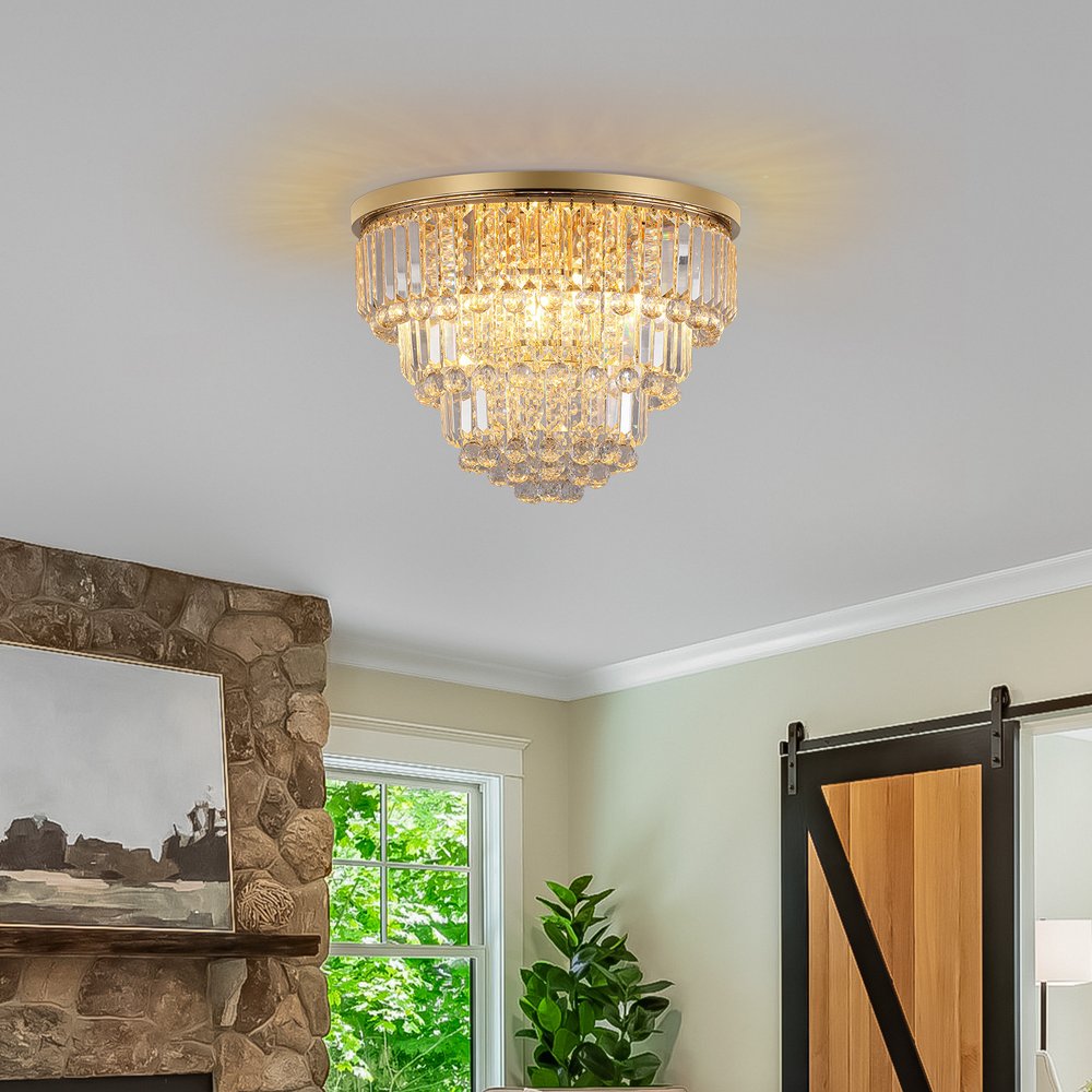 Gold Six Light Crystal Flush Chandelier With Gold Shades HomeRoots