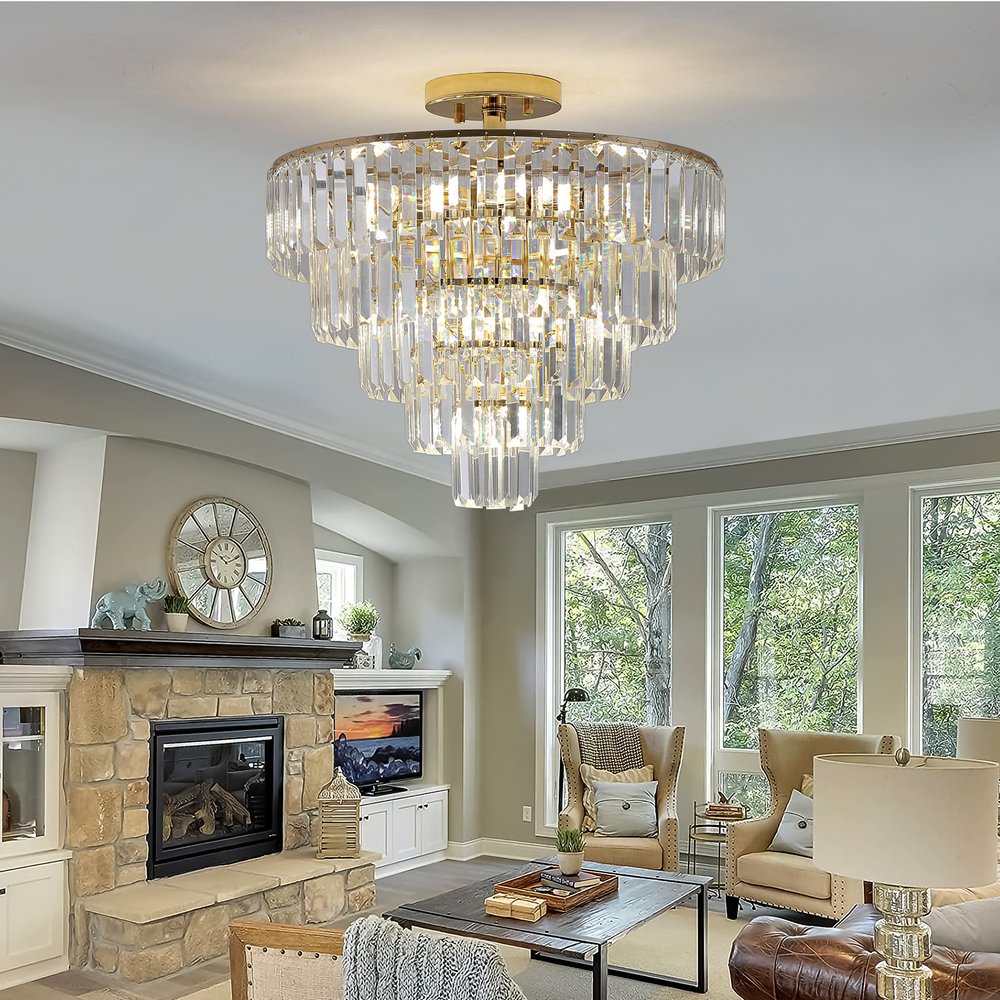 Gold Ten Light Metal Semi-Flush Chandelier With Gold Shades HomeRoots