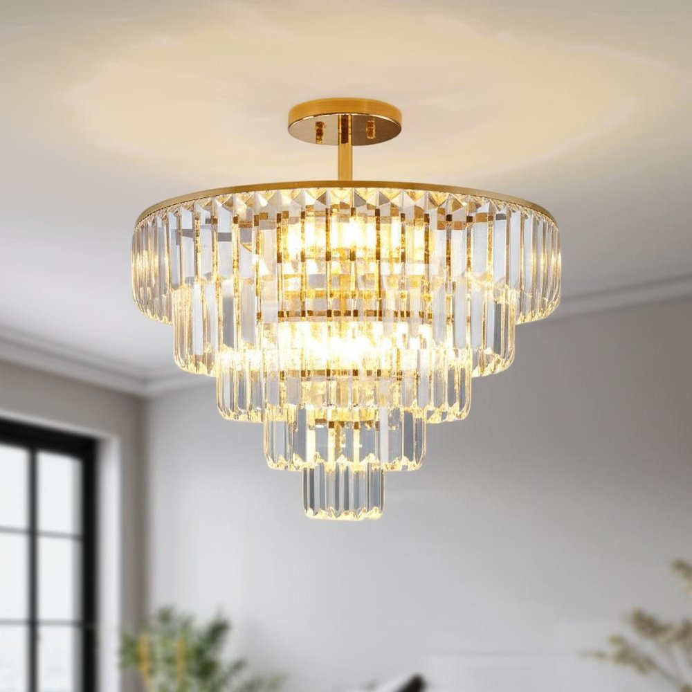 Gold Ten Light Metal Semi-Flush Chandelier With Gold Shades HomeRoots
