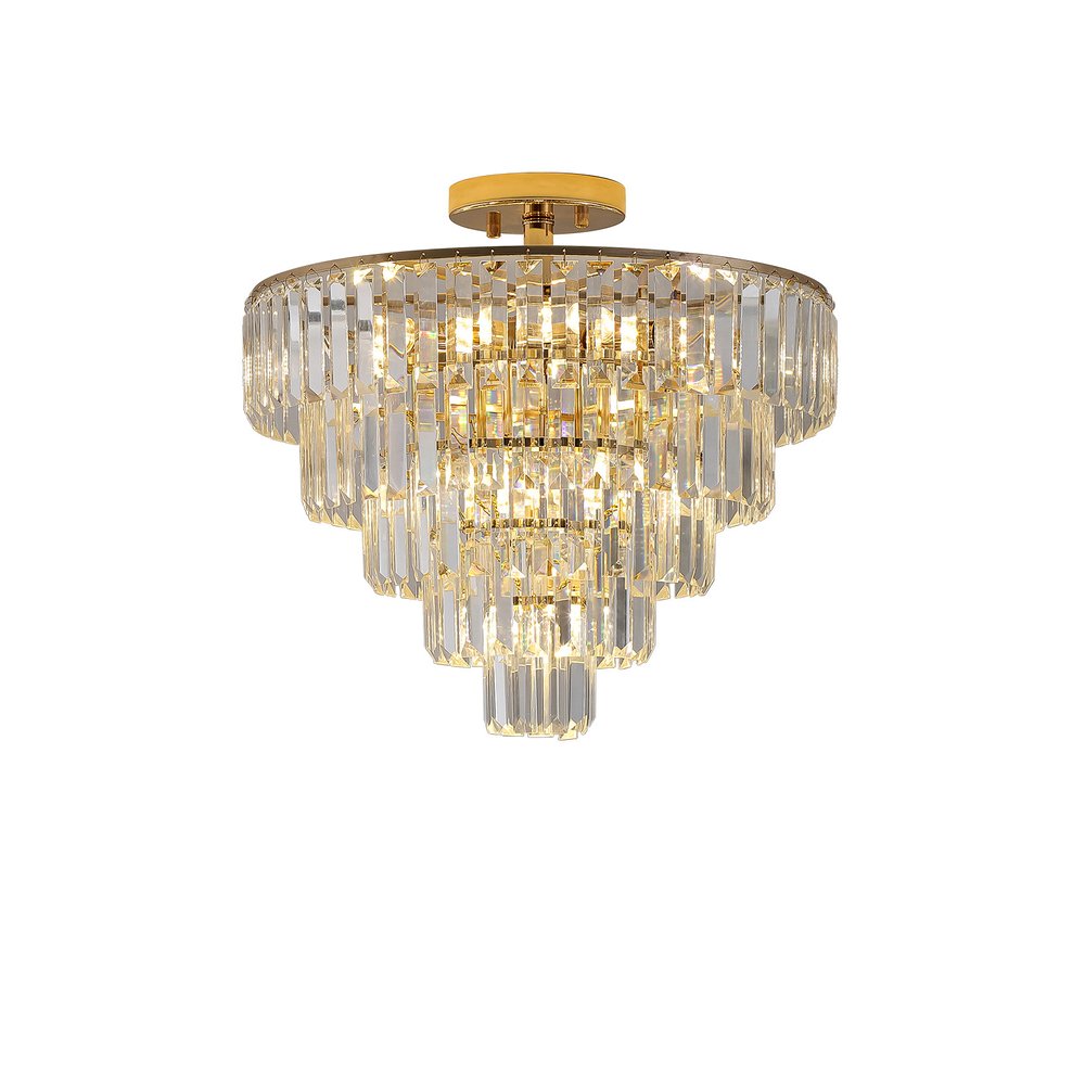 Gold Ten Light Metal Semi-Flush Chandelier With Gold Shades HomeRoots