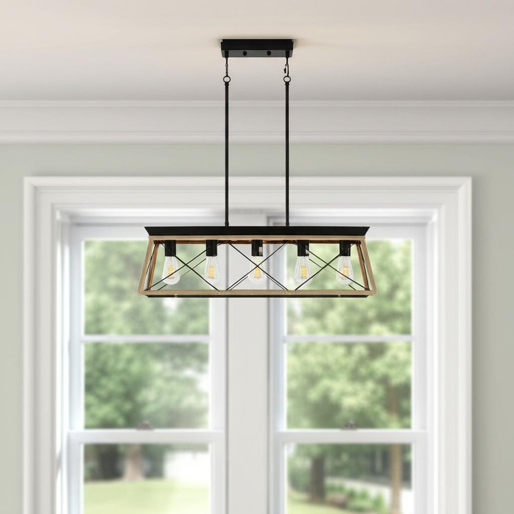 Oak Five Light Metal Chandelier With Oak Shades HomeRoots
