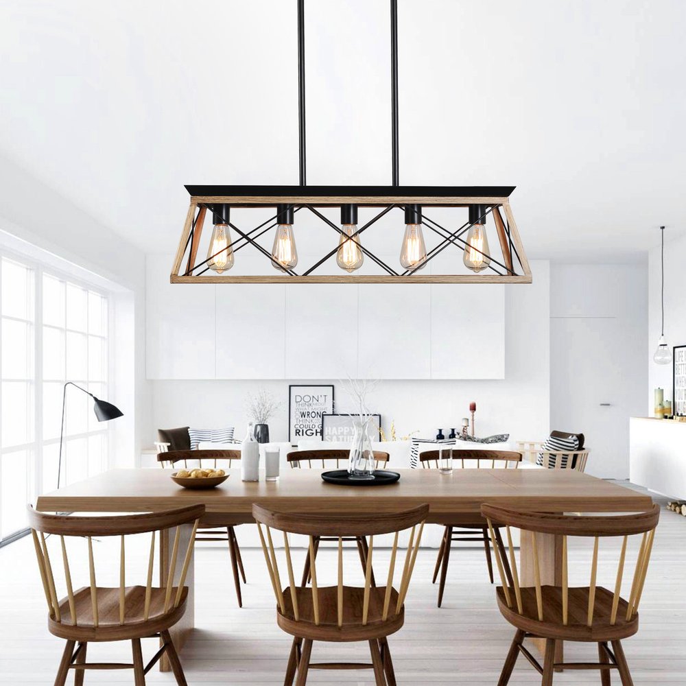 Oak Five Light Metal Chandelier With Oak Shades HomeRoots