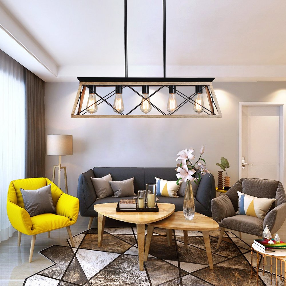 Oak Five Light Metal Chandelier With Oak Shades HomeRoots