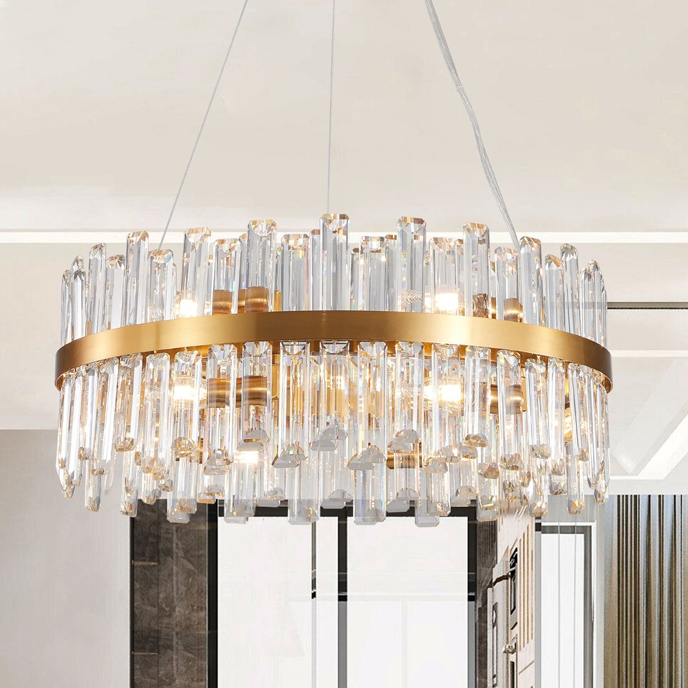 Gold Twelve Light Metal Chandelier With Gold Shades HomeRoots