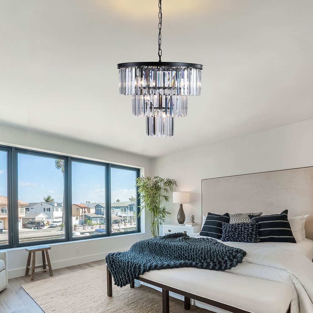 Black Seven Light Metal Chandelier With Black Shades HomeRoots