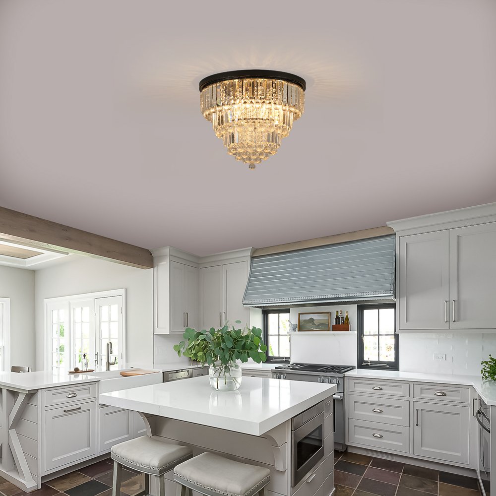 Black Six Light Crystal Flush Chandelier With Black Shades HomeRoots