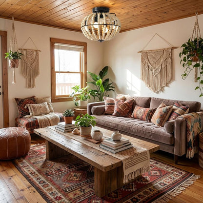 Natural Wood Bead Four Light Semi-Flush Mount Ceiling Fan And Light HomeRoots
