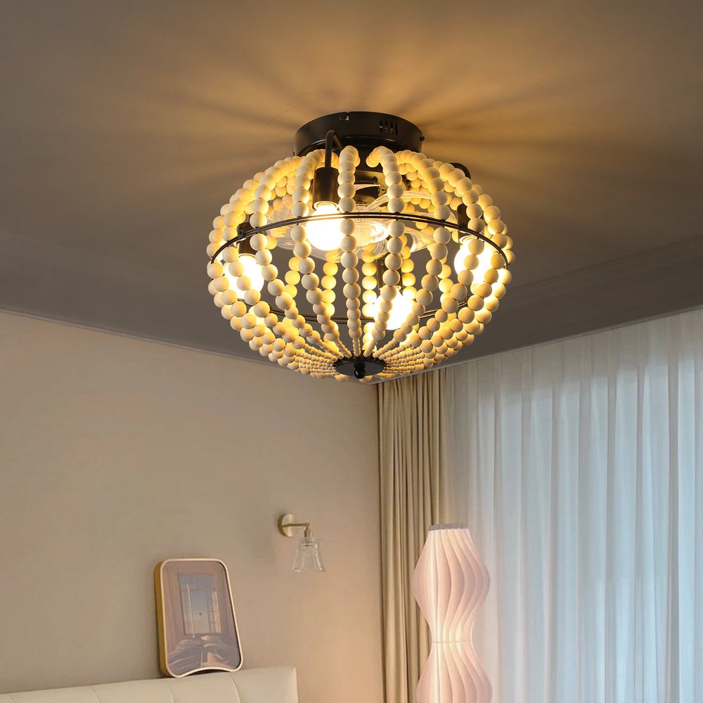 Natural Wood Bead Four Light Semi-Flush Mount Ceiling Fan And Light HomeRoots