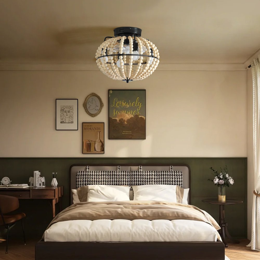 Natural Wood Bead Four Light Semi-Flush Mount Ceiling Fan And Light HomeRoots