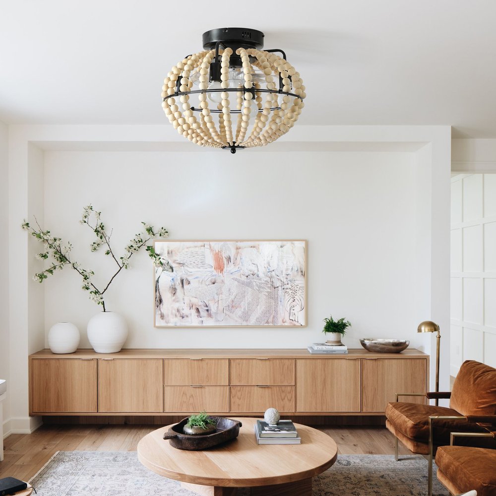 Natural Wood Bead Four Light Semi-Flush Mount Ceiling Fan And Light HomeRoots