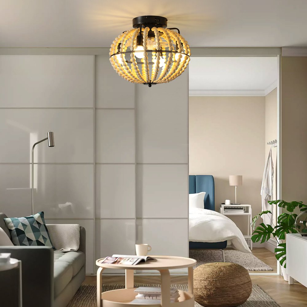 Natural Wood Bead Four Light Semi-Flush Mount Ceiling Fan And Light HomeRoots