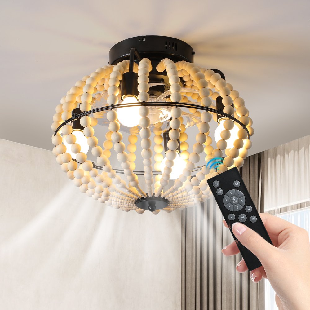 Natural Wood Bead Four Light Semi-Flush Mount Ceiling Fan And Light HomeRoots