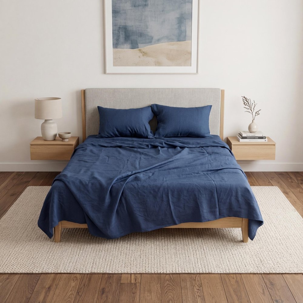 Set of Two Navy Blue Linen Standard Pillowcases HomeRoots