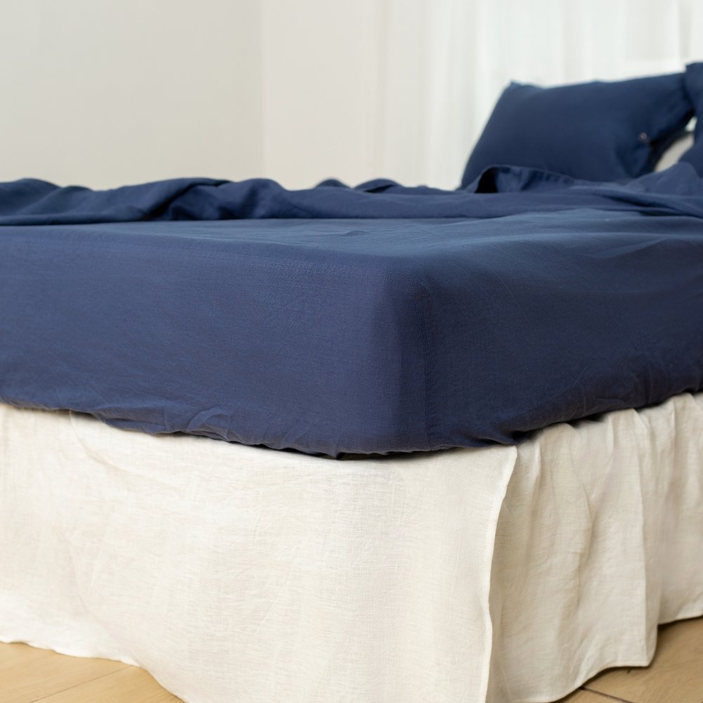 Navy Blue Linen Queen Fitted sheet HomeRoots