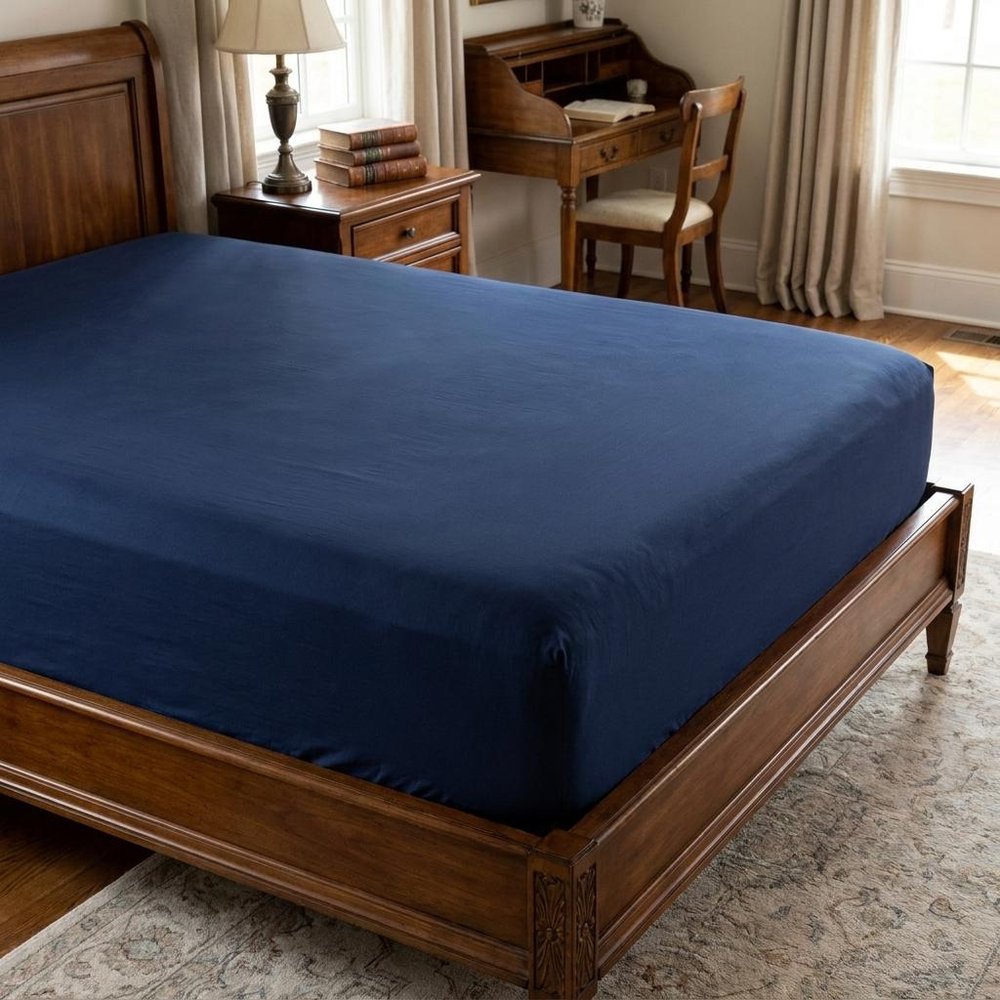 Navy Blue Linen Queen Fitted sheet HomeRoots