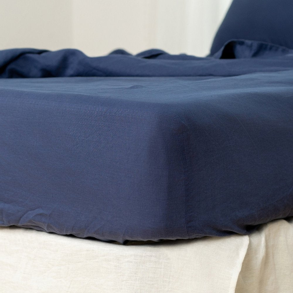 Navy Blue Linen King Fitted Sheet HomeRoots