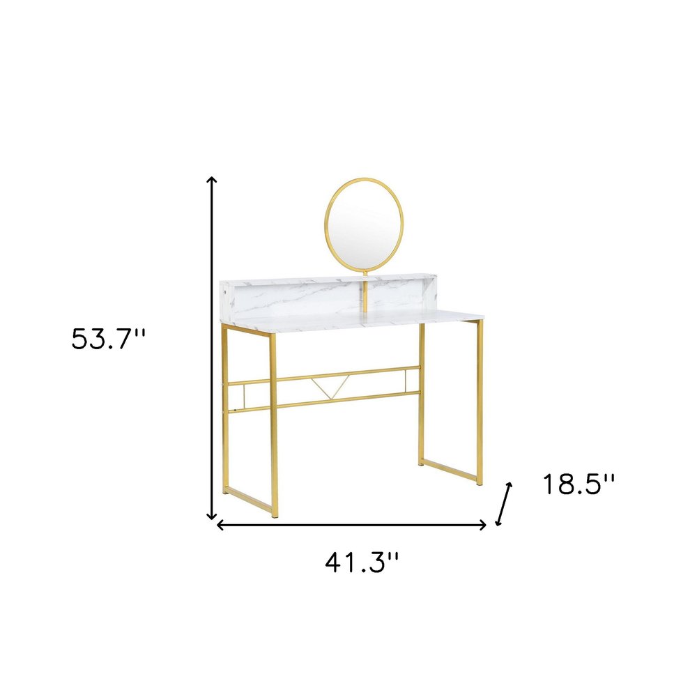41" White And Gold Faux Marble and Steel Vanity Table with Mirror HomeRoots
