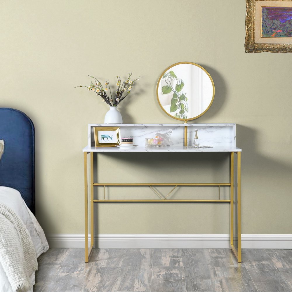 41" White And Gold Faux Marble and Steel Vanity Table with Mirror HomeRoots