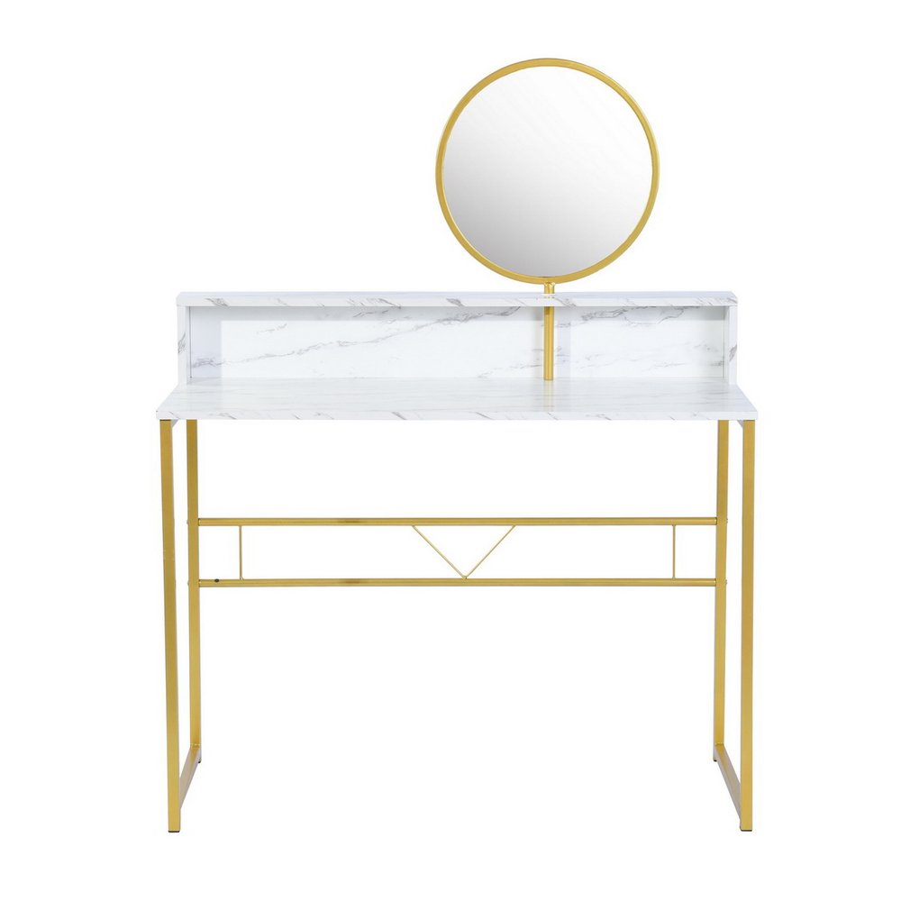 41" White And Gold Faux Marble and Steel Vanity Table with Mirror HomeRoots