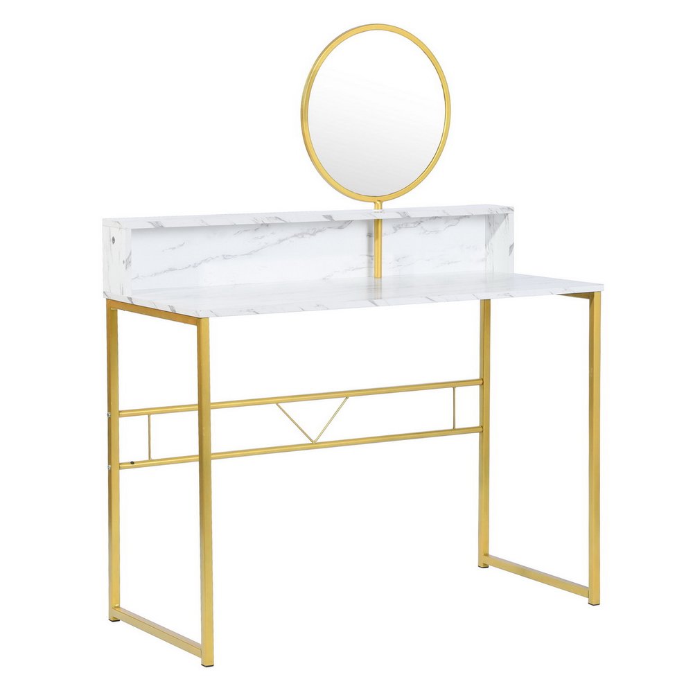 41" White And Gold Faux Marble and Steel Vanity Table with Mirror HomeRoots