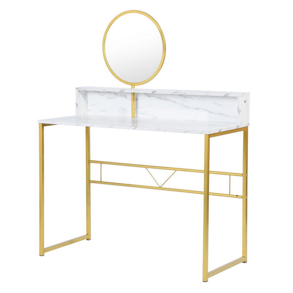 41" White And Gold Faux Marble and Steel Vanity Table with Mirror HomeRoots