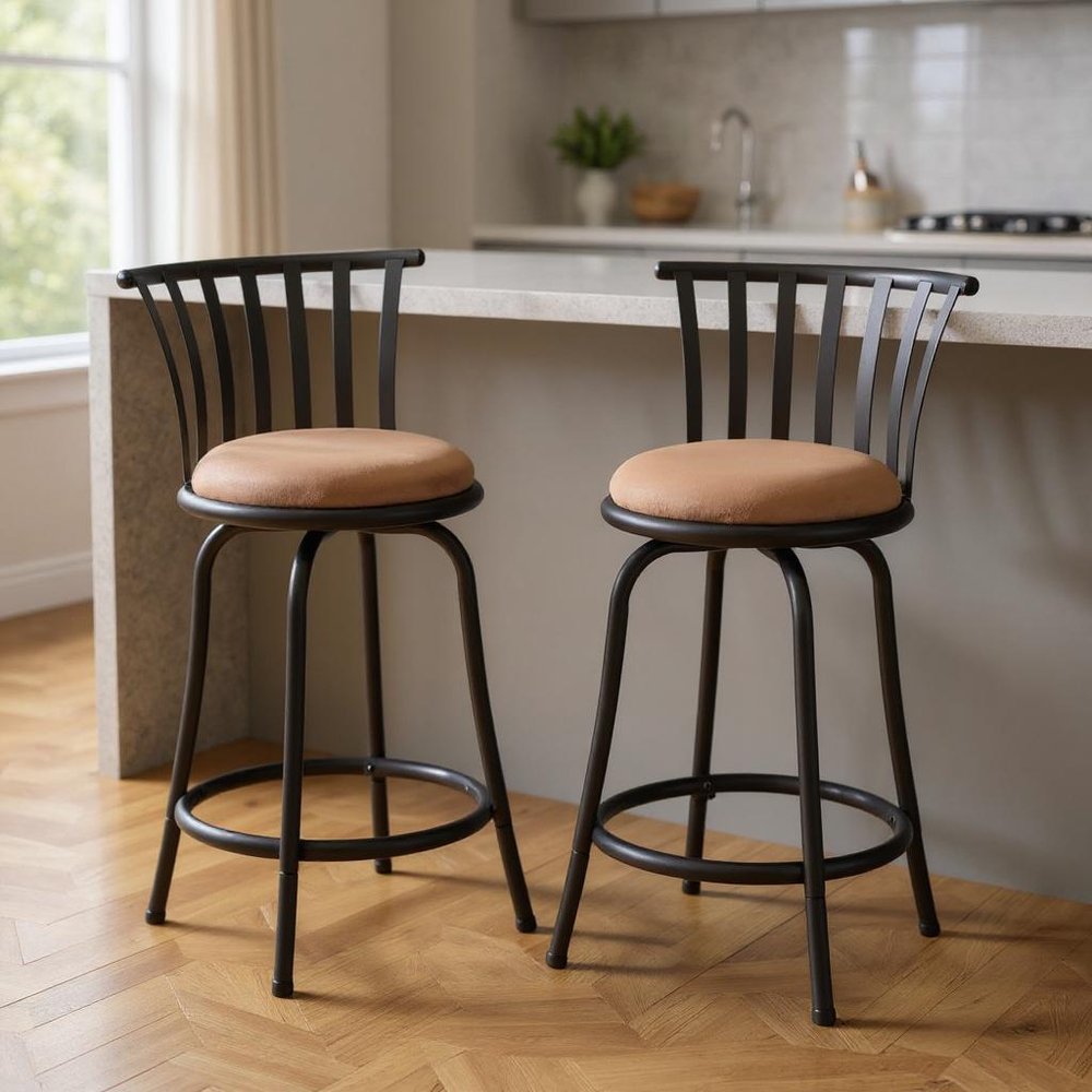 Set of Two 24" Khaki And Black Suede Microfiber And Microsuede And Metal Low Back Counter Height Swivel Bar Chairs HomeRoots