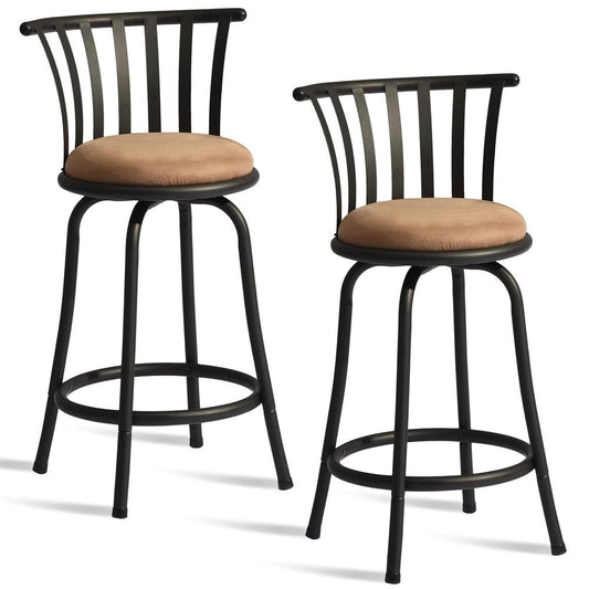 Set of Two 24" Khaki And Black Suede Microfiber And Microsuede And Metal Low Back Counter Height Swivel Bar Chairs HomeRoots