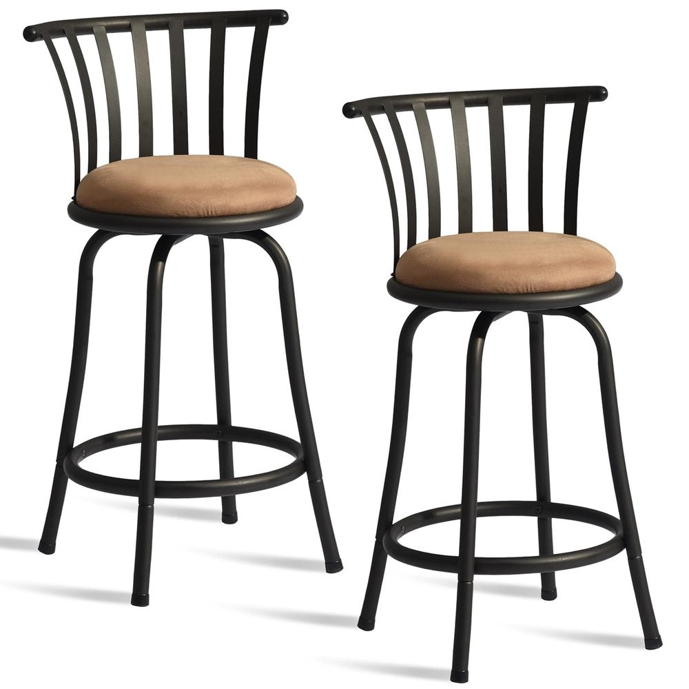 Set of Two 24" Khaki And Black Suede Microfiber And Microsuede And Metal Low Back Counter Height Swivel Bar Chairs HomeRoots