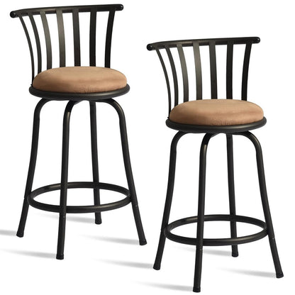 Set of Two 24" Khaki And Black Suede Microfiber And Microsuede And Metal Low Back Counter Height Swivel Bar Chairs HomeRoots