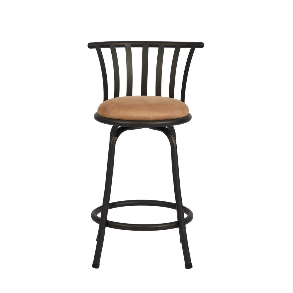 Set of Two 24" Khaki And Black Suede Microfiber And Microsuede And Metal Low Back Counter Height Swivel Bar Chairs HomeRoots