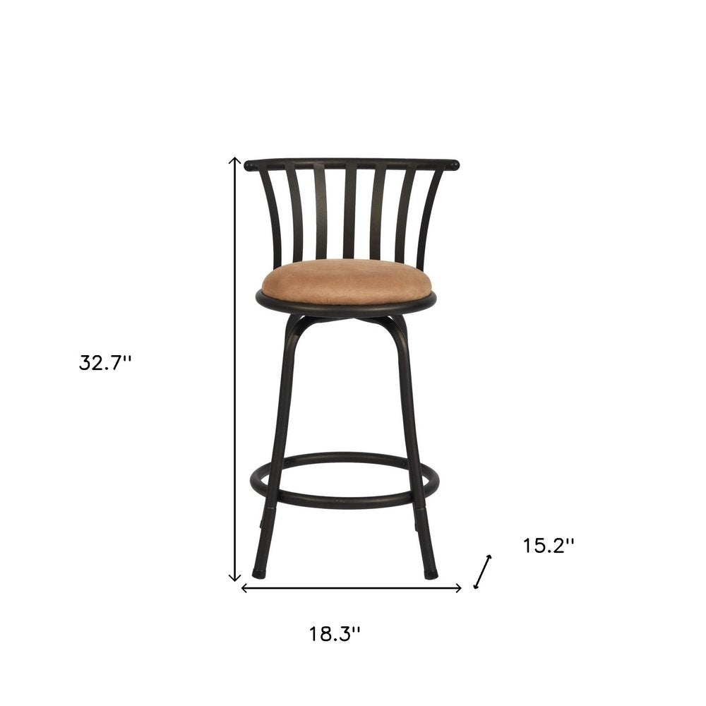 Set of Two 24" Khaki And Black Suede Microfiber And Microsuede And Metal Low Back Counter Height Swivel Bar Chairs HomeRoots