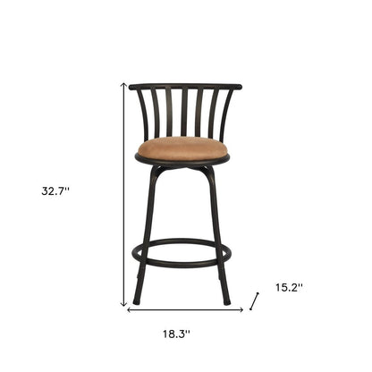 Set of Two 24" Khaki And Black Suede Microfiber And Microsuede And Metal Low Back Counter Height Swivel Bar Chairs HomeRoots