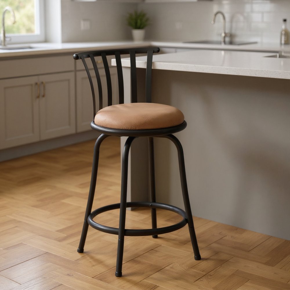 Set of Two 24" Khaki And Black Suede Microfiber And Microsuede And Metal Low Back Counter Height Swivel Bar Chairs HomeRoots