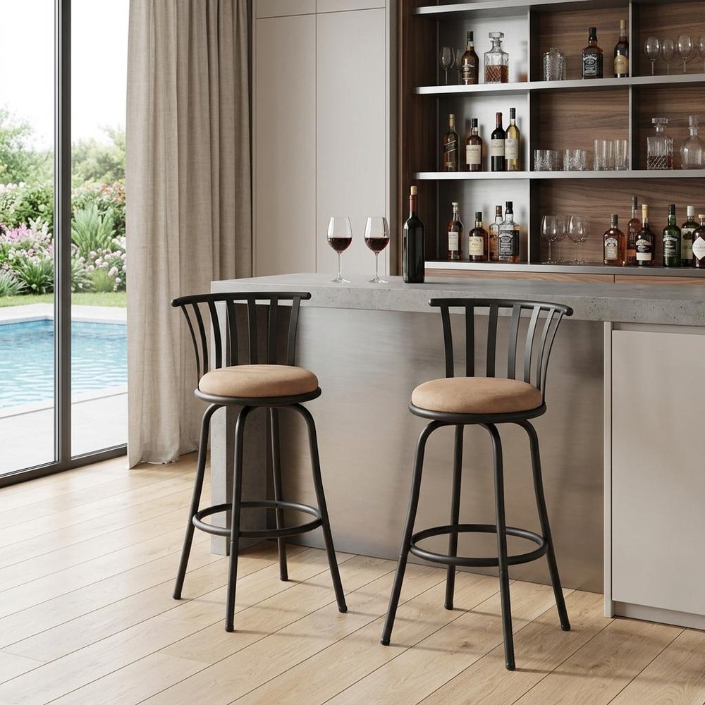 Set of Two 29" Brown And Black Microfiber And Fabric And Metal Low Back Bar Height Swivel Bar Chairs HomeRoots