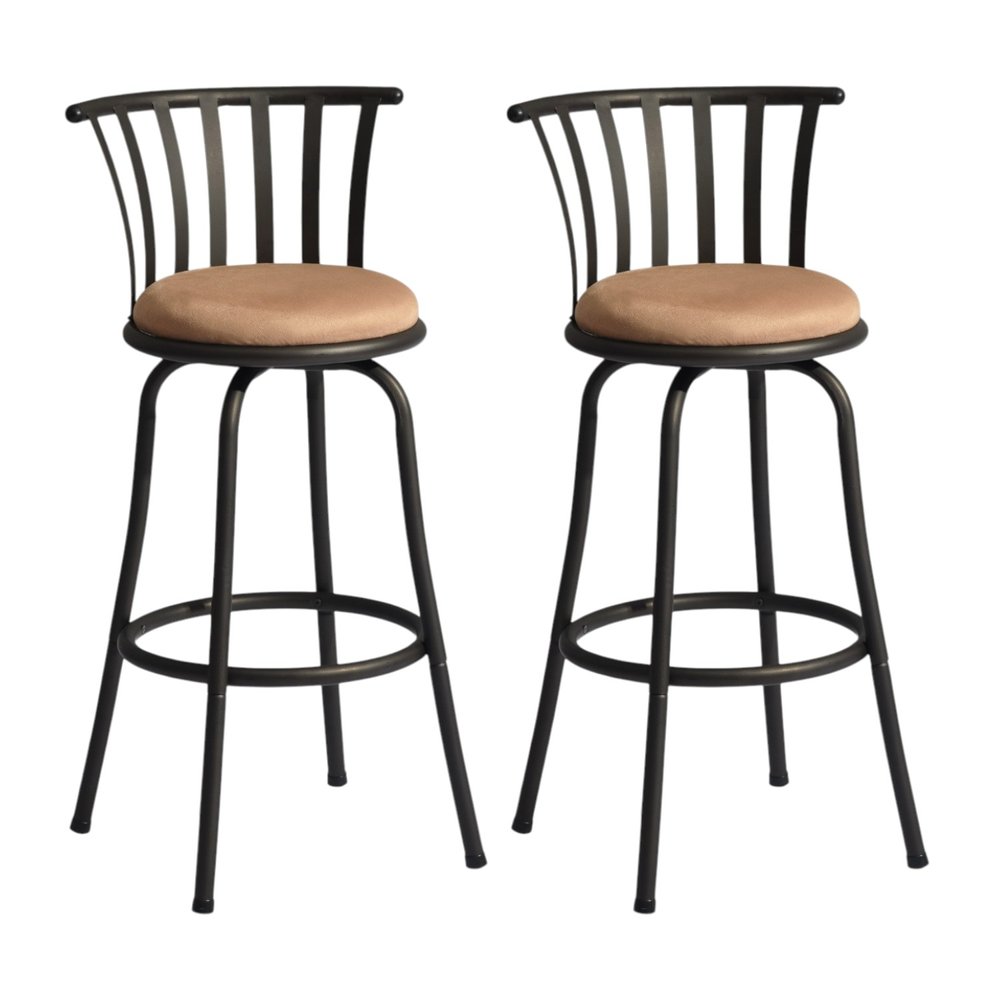 Set of Two 29" Brown And Black Microfiber And Fabric And Metal Low Back Bar Height Swivel Bar Chairs HomeRoots