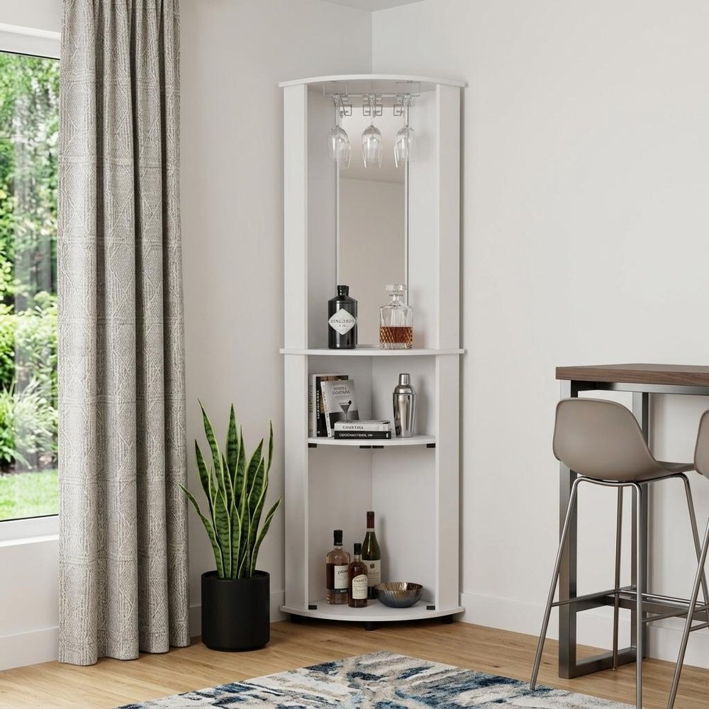 75" White Wood Corner Bar Cabinet With Three Shelves HomeRoots