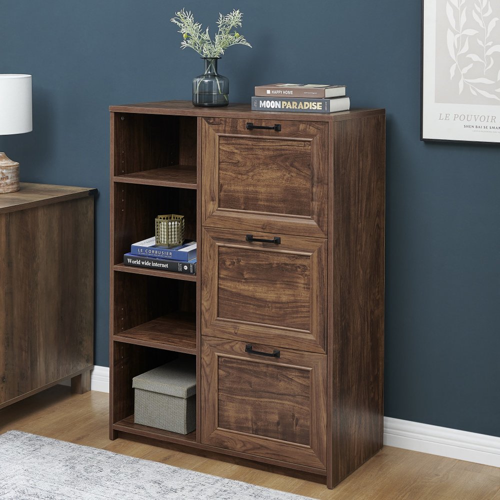 43" Walnut Distressed Wood Three Drawers Filing Cabinet HomeRoots